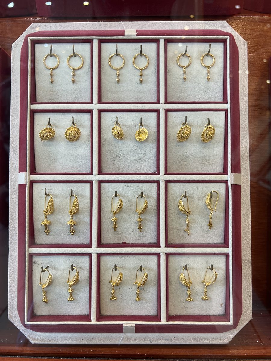 A display of 22ct gold drop and jhumka earrings, Kowaj Jewellers
